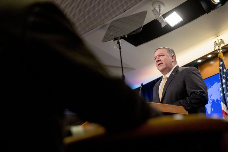 Secretary of State Mike Pompeo speaks at a news conference at the State Department in Washington, Monday, Nov. 18, 2019. Pompeo spoke about Iran, Iraq, Israeli settlements in the West Bank, protests in Hong Kong, and Bolivia. (AP Photo/Andrew Harnik)