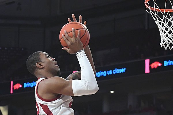 Arkansas forward Reggie Chaney goes up for a shot during a game against Texas Southern on Tuesday, Nov. 19, 2019, in Fayetteville. 
