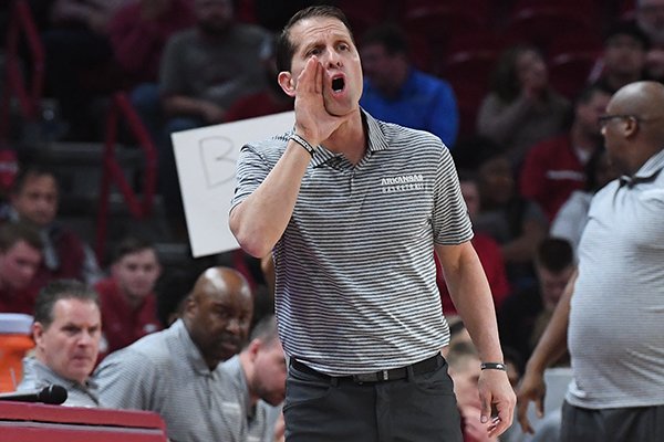 Arkansas coach Eric Musselman is shown during a game against Texas Southern on Tuesday, Nov. 19, 2019, in Fayetteville.	