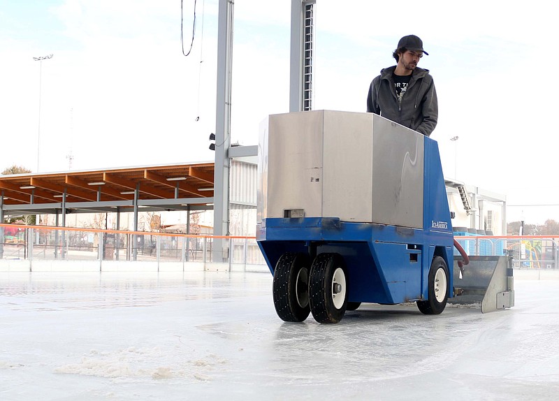 MAD assistant stage manager Sterling Davis drives a small ice resurfacer on the MAD ice rink Nov. 18, 2019.