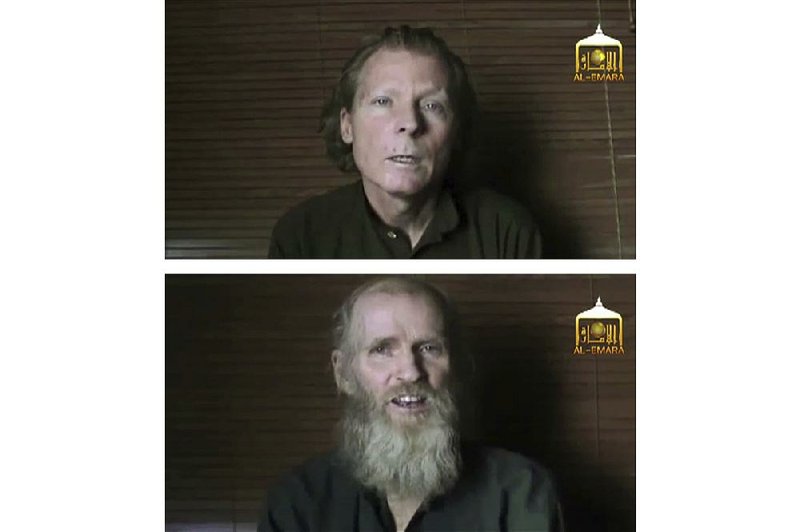 This combination of two photos taken from video released on June 21, 2017, by the Taliban spokesman Zabihullah Mujahid, shows kidnapped teachers Australian Timothy Weeks, top, and American Kevin King, who were abducted in Afghanistan in August 2016. King and Weeks were released Tuesday, Nov. 19, 2019, hours after the Afghan government freed three Taliban prisoners and sent them to Qatar. 