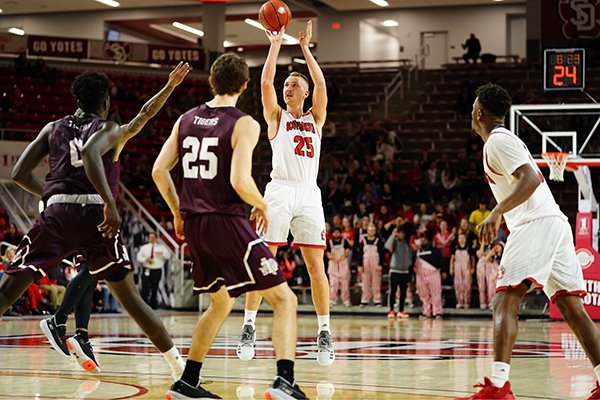 South Dakota center Tyler Hagedorn shoots over the top of a Texas Southern defender during a game Friday, Nov. 15, 2019, in Vermillion, S.D. Hagedorn is the nation's top 3-point shooter this season, connecting on 84 percent of his attempts. 
