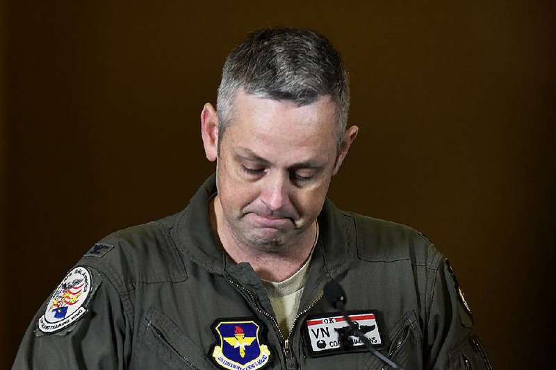 Col. Corey Simmons, commander of the 71st Flying Training Wing at Vance Air Force Base at Enid, Okla., speaks to the media Thursday about the deaths of two airmen. 