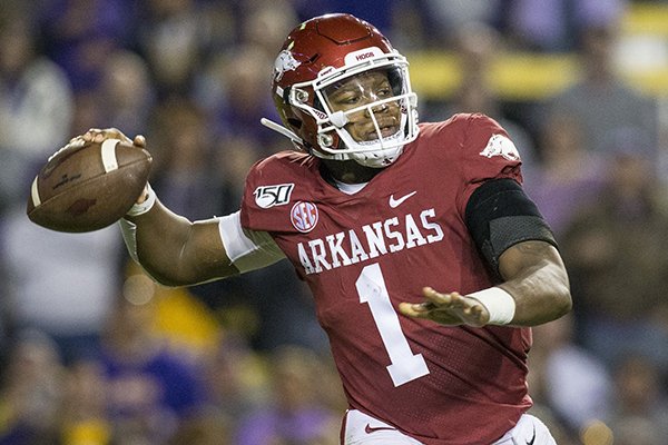 Arkansas quarterback KJ Jefferson throws a pass during a game against LSU on Saturday, Nov. 23, 2019, in Fayetteville. 