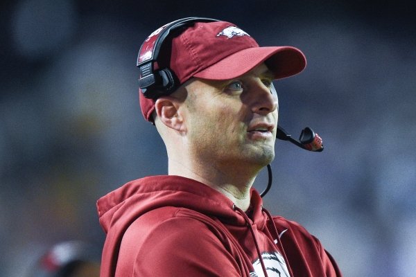 Arkansas interim head coach Barry Lunney Jr. looks on, Saturday, November 23, 2019 during the third quarter of a football game at Tiger Stadium in Baton Rouge, La. Visit nwadg.com/photos to see more photographs from the game.