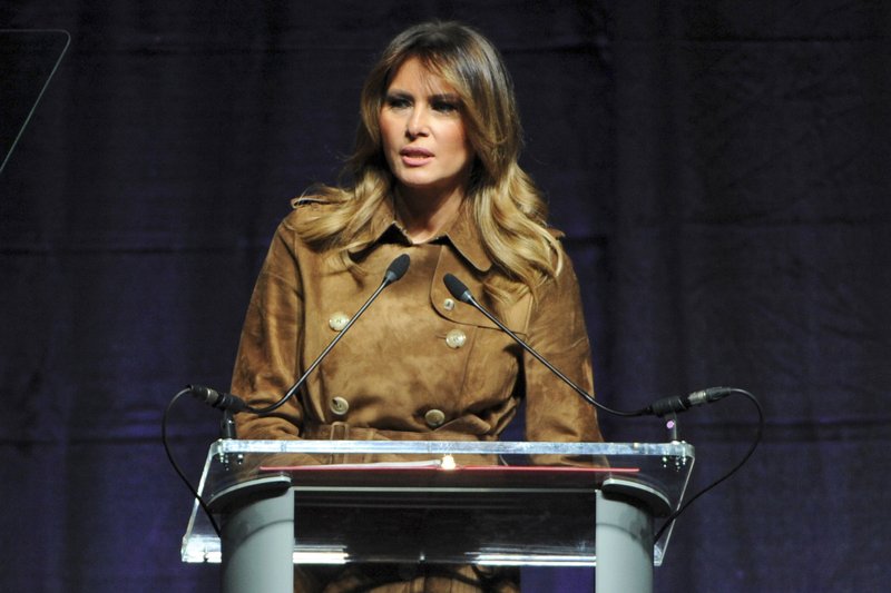 First lady Melania Trump speaks at the B'More Youth Summit, Tuesday, Nov. 26, 2019, at UMBC in Baltimore. The first lady urged students to avoid misusing drugs, saying that it would make it harder for them to achieve. (Barbara Haddock Taylor/The Baltimore Sun via AP)