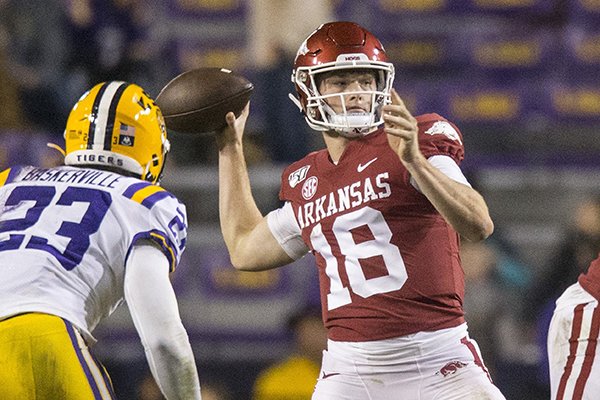 Arkansas quarterback Jack Lindsey throws a pass during a game against LSU on Saturday, Nov. 23, 2019, in Baton Rouge, La. 