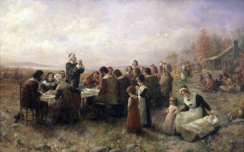 The First Thanksgiving at Plymouth, depicted in an oil on canvas by Jennie Augusta Brownscombe in 1914.
