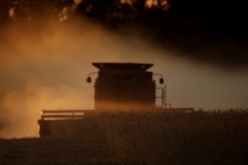 FILE - In this Oct. 19, 2019, file photo Eldon Sylvester harvest soybeans in his field near Wamego, Kan. On Wednesday, Nov. 27, the Commerce Department issued the second estimate of how the U.S. economy performed in the July-September quarter. (AP Photo/Charlie Riedel, File)