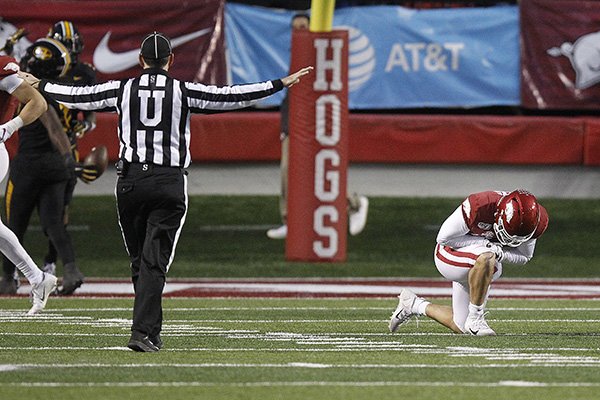 Arkansas quarterback Ben Hicks (6) reacts after a fourth down incompletion on the Razorbacks final drive during the fourth quarter of the Razorbacks' 24-14 loss to Missouri on Friday, Nov. 29, 2019, at War Memorial Stadium in Little Rock.