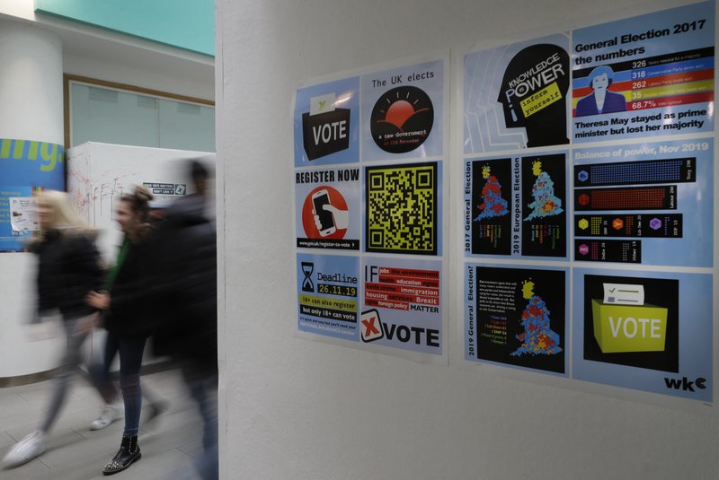 Posters on the wall encouraging students to register to vote during a Vote For Your Future Hustings at Westminster Kingsway College on Tuesday in London. There is a generation of young people who weren't old enough to vote in the Brexit referendum, but in a British election dominated by the Brexit issue those young voters could hold the key to victory for which-ever party can garner their vote. - AP Photo/Kirsty Wigglesworth