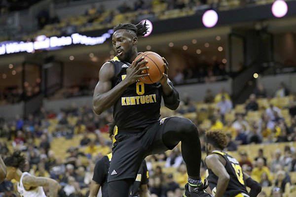 Northern Kentucky's Silas Adheke grabs a rebound during the second half of an NCAA college basketball game against Missouri Friday, Nov. 8, 2019, in Columbia, Mo. Missouri won 71-56. (AP Photo/Jeff Roberson)