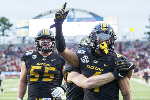 Missouri receiver Jonathan Nance celebrates after scoring a touchdown during the fourth quarter of a game against Arkansas on Friday, Nov. 29, 2019, in Little Rock. 