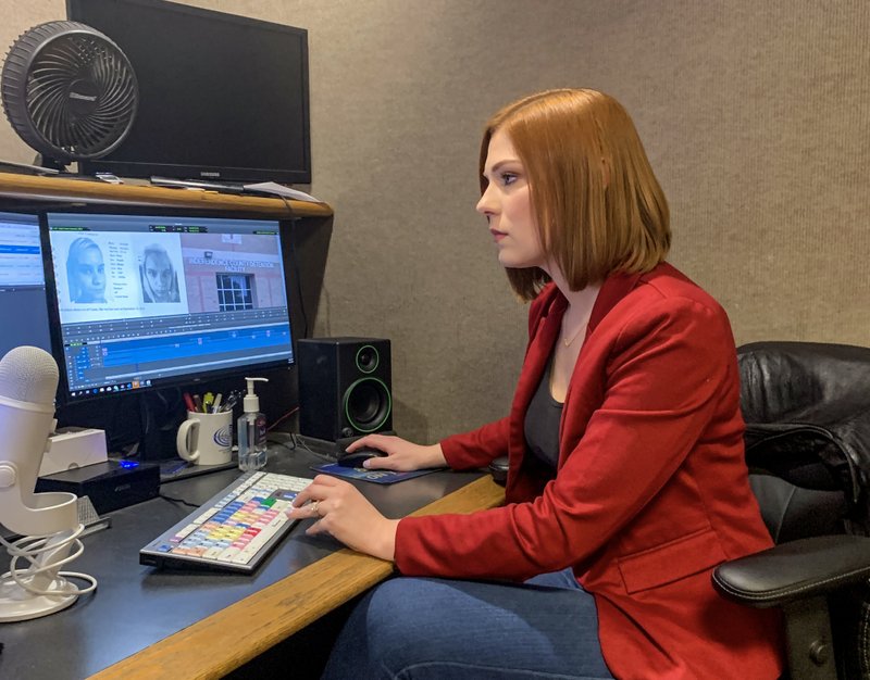 KATV'S Kaila Lafferty demonstrates how she edited her on-air reports and the podcast, Timeline: The Disappearance of Cassie Compton, in the KATV studios in downtown Little Rock. It was the journalist's first podcast, but she is eager to do more after a little rest. (Photo by Cary Jenkins, Arkansas Democrat-Gazette)