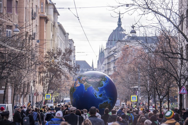 Following the call of Fridays for Future Hungary and Extinction Rebellion Hungary, young environmentalists demonstrate to demand measures against climate change in Budapest, Hungary, on Friday. - Zoltan Balogh/MTI via AP