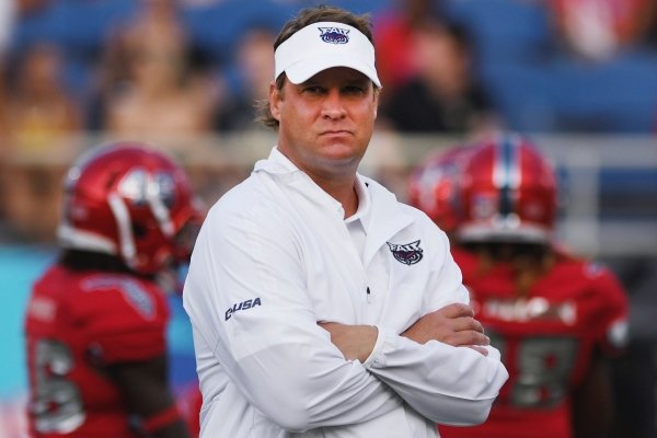 Florida Atlantic coach Lane Kiffin looks over his team before an NCAA college football game against UCF on Saturday, Sept. 7, 2019, in Boca Raton, Fla. (AP Photo/Jim Rassol)