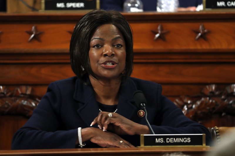 Rep. Val Demings, D-Fla., questions Jennifer Williams, an aide to Vice President Mike Pence, and National Security Council aide Lt. Col. Alexander Vindman, as they testify before the House Intelligence Committee on Capitol Hill in Washington, Tuesday, Nov. 19, 2019, during a public impeachment hearing of President Donald Trump's efforts to tie U.S. aid for Ukraine to investigations of his political opponents. (AP Photo/Jacquelyn Martin, Pool)