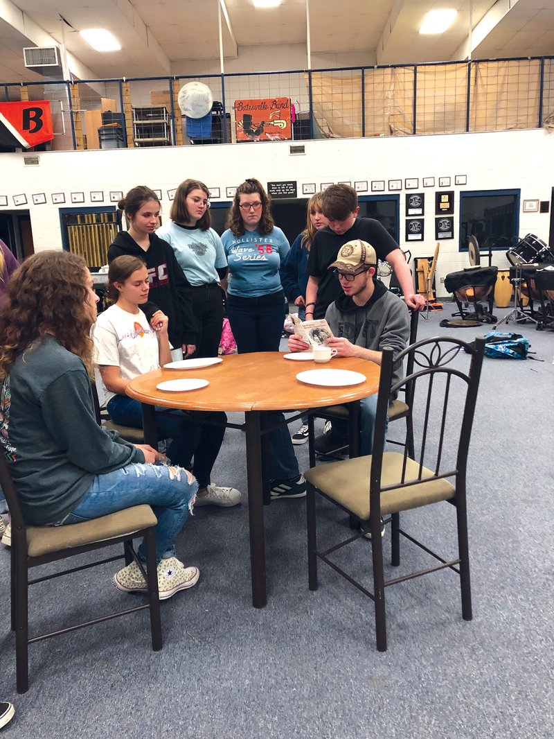 The Batesville High School Theatre Department will present Yes Virginia, There Is a Santa Claus on Friday through Dec. 8 at Lyon College. Studying their lines are, from left, Batesville High School students Aristyn Glasgow, Ainsley Walker, Jazmine Edwardson, Betsy Bumpers, Rebecca Skinner, Elizabeth Buie, J.C. Blackwell and Cody Holland.