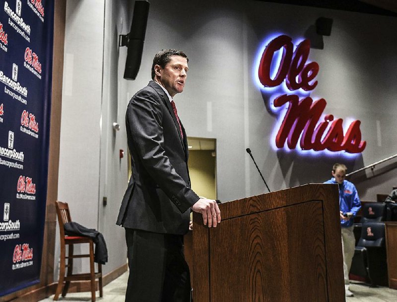 Ole Miss Athletic Director Keith Carter discusses the future of the school’s football program Monday during a news conference at the Manning Center in Oxford, Miss. The Rebels fired Coach Matt Luke on Sunday, three days after his third nonwinning season ended with a loss to Mississippi State.