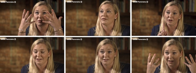 A combo of images taken from video issued by the BBC of Virginia Roberts Giuffre during an interview on the BBC Panorama program that was aired on Monday Dec. 2, 2019. Roberts Giuffre says she was a trafficking victim made to have sex with Prince Andrew when she was 17 is asking the British public to support her quest for justice. She tells BBC Panorama in an interview to be broadcast Monday evening that people "should not accept this as being OK." Giuffre's first UK television interview on the topic describes how she was trafficked by notorious sex offender Jeffrey Epstein and made to have sex with Andrew three times, including once in London. (BBC Panorama via AP)