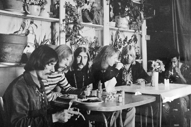 This undated file photo, shows members of the Allman Brothers Band, from left, Dickey Betts, Duane Allman, Berry Oakley, Butch Trucks, Gregg Allman and Jai Johanny "Jaimoe" Johanson, eating at the H&H Restaurant in downtown Macon, Ga. Capricorn Sound Studios, the Macon, Ga., music studio that fused blues, country and other sounds into Southern rock is being reborn. The historic Studio A is reopening this month, after years of work by Mercer University and other supporters to restore and equip it with state-of-the-art technology. The studio helped propel the Allman Brothers Band and other groups to stardom in the 1970s. (The Macon Telegraph via AP, File)