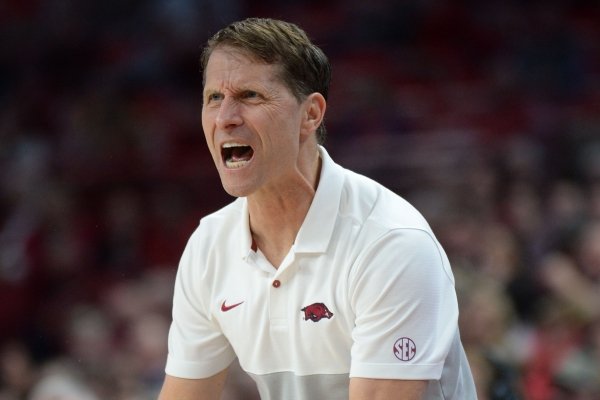 Arkansas coach Eric Musselman reacts Tuesday, Dec. 3, 2019, to a Razorback turnover during the second half of play against Austin Peay in Bud Walton Arena. 