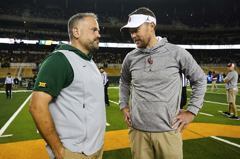 Baylor Coach Matt Rhule (left) and Oklahoma Coach Lincoln Riley took over teams under drastically different circumstances. Now they will coach against each other in Saturday’s Big 12 Championship Game. 