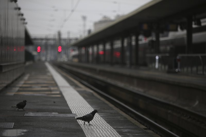 A pigeon perches on a platform at the Gare de Lyon train station on Friday in Paris. Frustrated travelers are meeting transportation chaos around France for a second day, as unions dig in for what they hope is a protracted strike against government plans to redesign the national retirement system. - AP Photo/Rafael Yaghobzadeh
