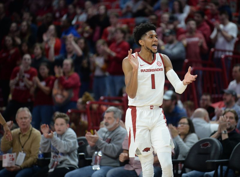 Arkansas guard Isaiah Joe celebrates during the first half of Tuesday’s game against Austin Peay in Bud Walton Arena. - Photo by Andy Shupe of the NWA Democrat-Gazette