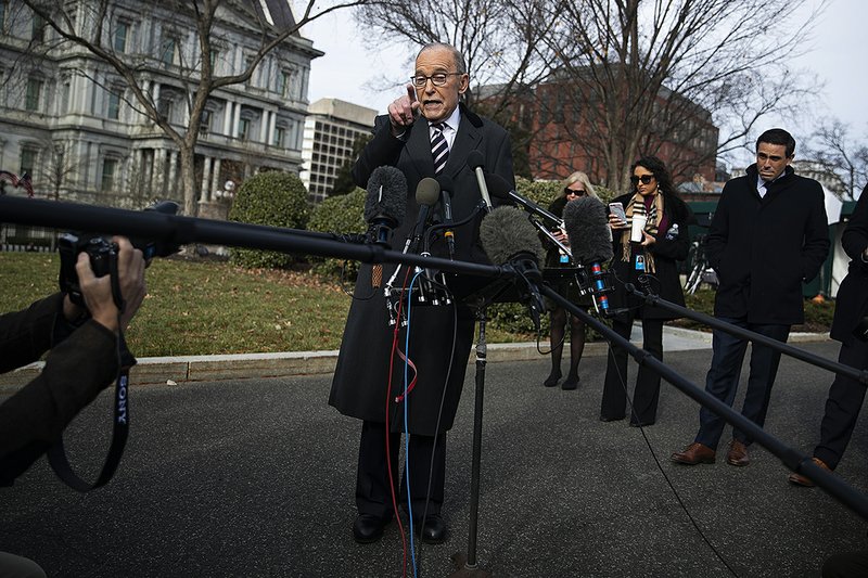 White House chief economic adviser Larry Kudlow speaks Friday outside the White House. Regarding the latest steps on a China trade deal, he said in a television interview, “There are no arbitrary deadlines on any of this.” 