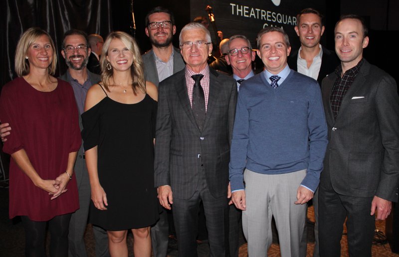 NWA Democrat-Gazette/CARIN SCHOPPMEYER Nicole and Stephen Gunther (from left), Kelsey and Zack Roth, Kirk Thompson, Dennis McKininnie, Brett Burch, Daniel Keeley and Lee Cole gather at the TheatreSquared Gala on Nov. 14 at the Fayetteville Town Center. The theater company presented Thompson and Burch the 2019 Arts Advocate Award at the benefit.