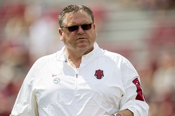 Arkansas offensive line coach Sam Pittman is shown prior to a game against UTEP on Saturday, Sept. 5, 2015, in Fayetteville. 