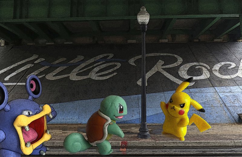 Loudred (from left), Squirtle and Pikachu are among the hundreds of Pokemon that pop up when Pokemon Go players use the smartphone app in downtown Little Rock. But these are Battle Figure toys. (Democrat-Gazette photo illustration/CELIA STOREY)