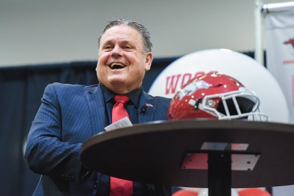 Arkansas coach Sam Pittman speaks Monday, December 9, 2019 during an introductory press conference at the Walker Pavilion in Fayetteville.