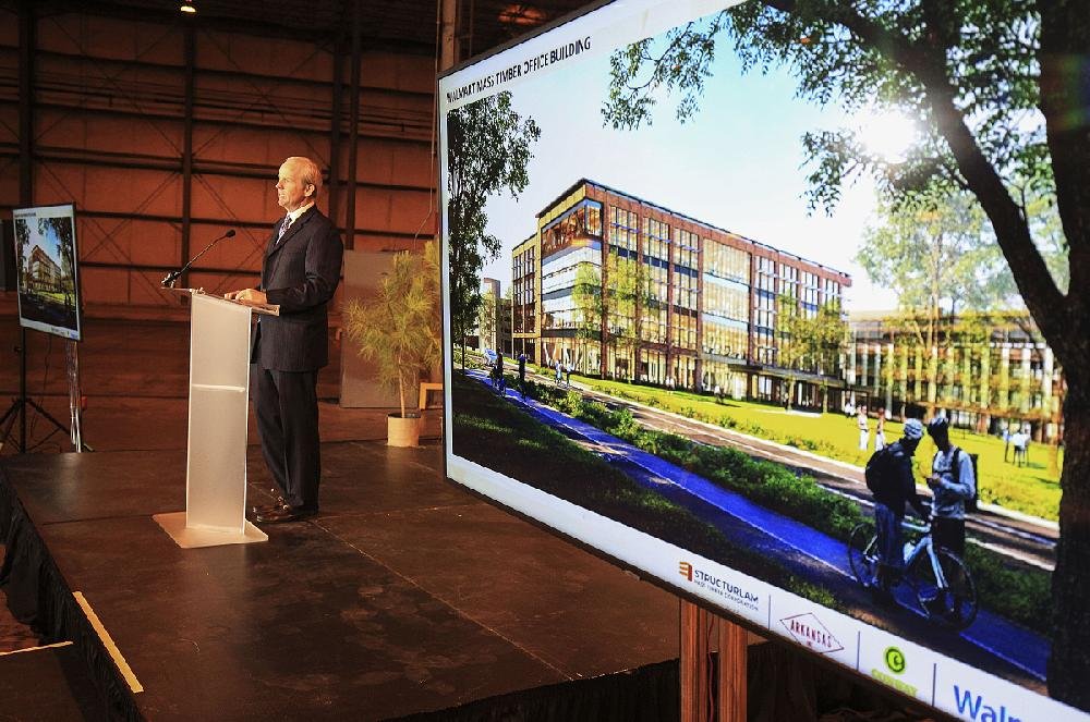 “This was more than just a purchase order for us,” Dan Bartlett, Walmart’s executive vice president of corporate affairs, said of the company’s partnership with Structurlam Mass Timber Corp. The timber company will produce 1.1 million cubic feet of cross-laminated timber for Walmart’s new headquarters. 