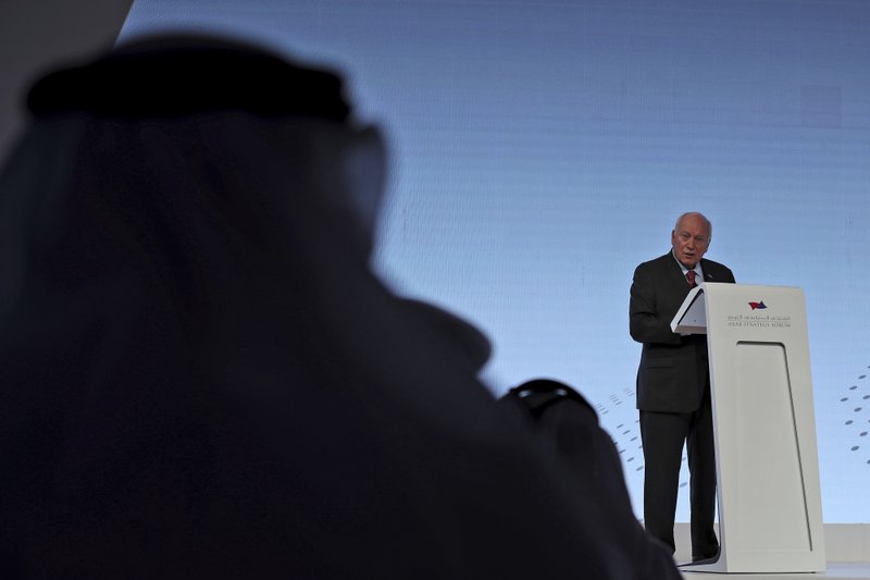Former U.S. Vice President Dick Cheney talks to the audience at the Arab Strategy Forum in Dubai, United Arab Emirates, Monday, Dec. 9, 2019. Cheney warned Monday that &quot;American disengagement&quot; in the Middle East will benefit only Iran and Russia, indirectly criticizing President Donald Trump's pledges to pull forces out of the region. (AP Photo/Kamran Jebreili)