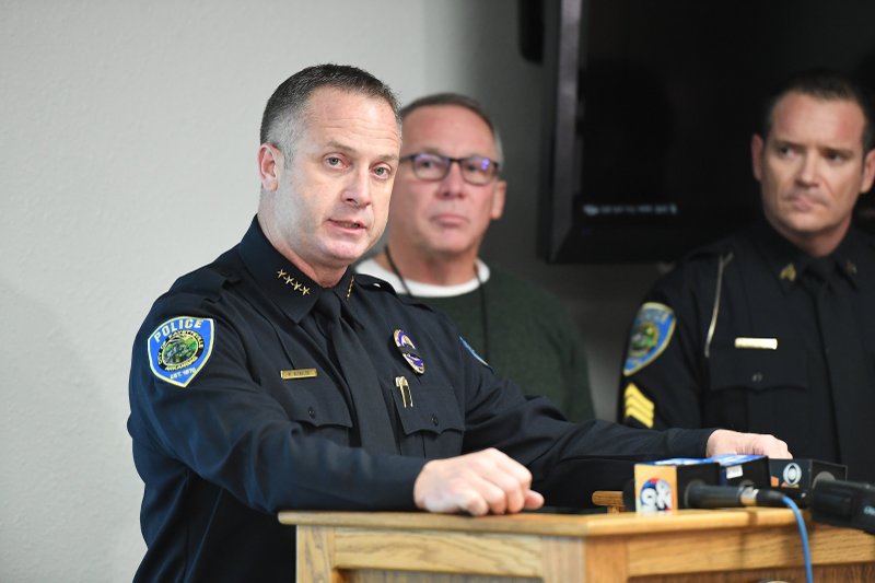 Fayetteville Police Chief Mike Reynolds speaks Sunday at a news conference about Saturday’s fatal shooting of police officer Stephen Carr. The suspect, 35-year-old London T. Phillips of Fayetteville, was killed at the scene by other officers. 