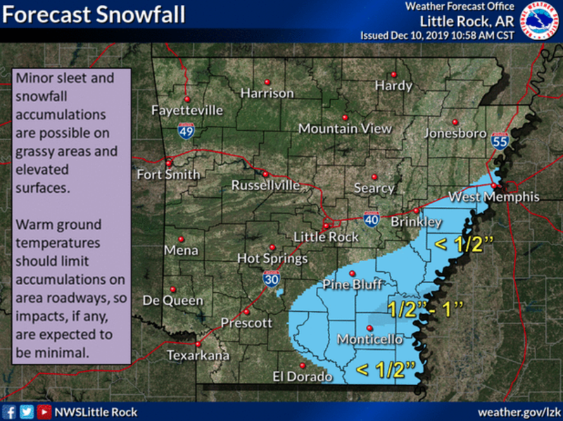 This National Weather Service graphic shows predicted snowfall across parts of Arkansas on Tuesday. 