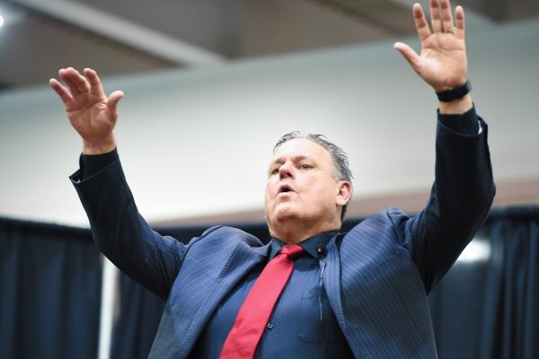 Coach Sam Pittman calls the hogs, Monday, December 9, 2019 during an introductory press conference at the Walker Pavilion in Fayetteville.