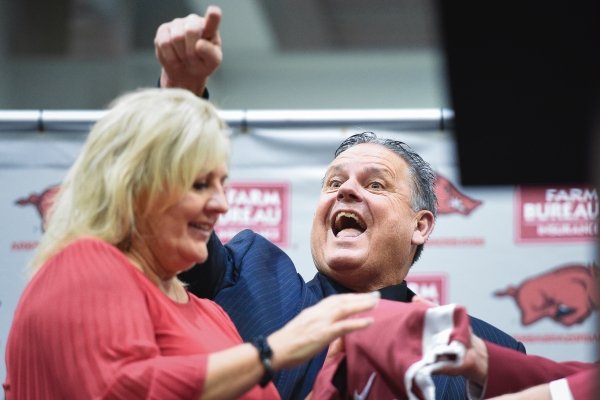 Coach Sam Pittman reacts, Monday, December 9, 2019 during an introductory press conference at the Walker Pavilion in Fayetteville.
