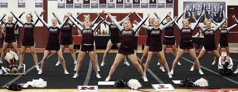 Westside Eagle Observer/RANDY MOLL Gentry's varsity cheer squad competed in the all-girl-team competition at Gentry High School on Thursday.