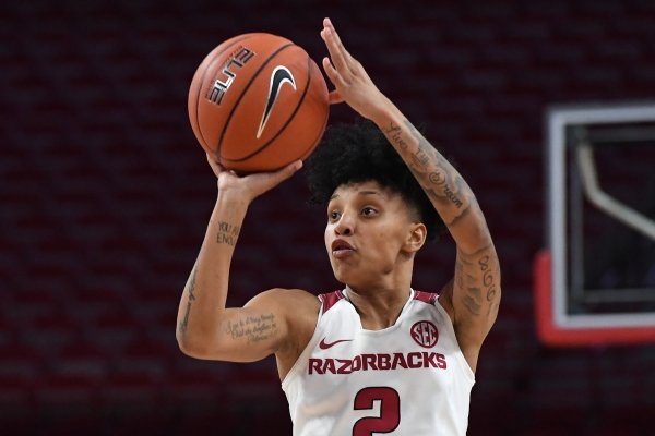 Alexis Tolefree attempts a jumpshot in Arkansas' 91-41 win over Tulsa on Wednesday Dec. 11, 2019 at Bud Walton Arena in Fayetteville. Tolefree is hoping to hear her name called Friday night during the WNBA draft. 
