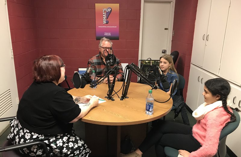 Becca Martin (from left), Chris Carsten, Maisie Van Vleet and Kailyn Rose Sanders with the Walton Art Center: A Christmas Story the Musical in the Northwest Arkansas Democrat-Gazette's podcast studio Wednesday Dec. 11, 2019 in Fayetteville.