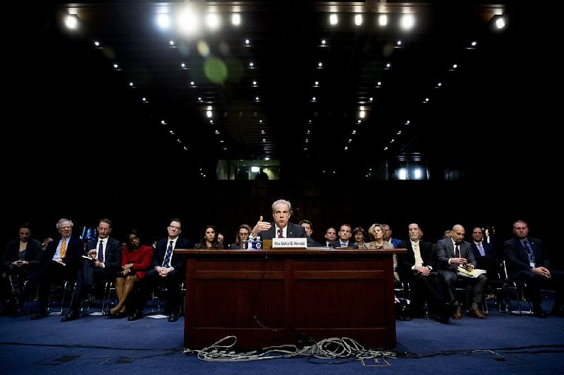 Inspector General Michael Horowitz of the Justice Department testifies Wednesday in a Senate Judiciary Committee hearing. His report on the Russia investigation “doesn’t vindicate anyone at the FBI who touched this, including the leadership,” Horowitz said in response to a question. More photos are available at arkansasonline.com/1212hearing/.
(AP/Andrew Harnik)