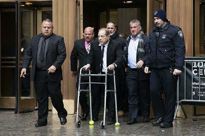 Harvey Weinstein leaves court using a walker Wednesday in New York after his bail on sexual assault charges was increased from $1 million to $5 million because prosecutors said he mishandled his ankle monitor. More photos at arkansasonline.com/1212weinstein/.
(AP/Mark Lennihan)