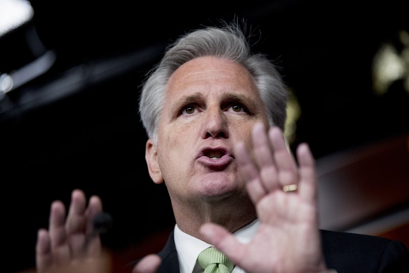 House Republican Leader Kevin McCarthy, R-Calif., speaks to reporters after Speaker of the House Nancy Pelosi, D-Calif., announced earlier that the House is moving forward to draft articles of impeachment against President Donald Trump, at the Capitol in Washington, Thursday, Dec. 5, 2019. 
(AP Photo/Andrew Harnik)