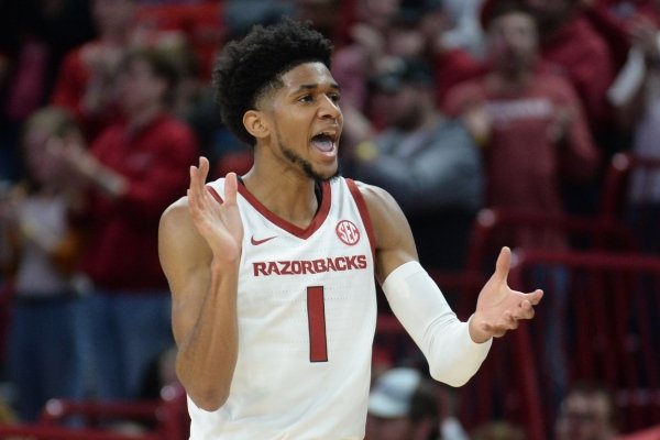 Arkansas guard Isaiah Joe celebrates during the first half of the Razorbacks' game against Austin Peay in Bud Walton Arena.