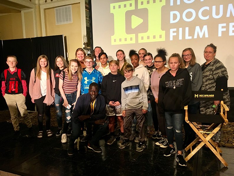 The seventh- through 12th-grade Cutter Morning Star Gifted and Talented students and the Junior High EAST students attended a Hot Springs Documentary Film Festival workshop on Oct. 24. Front, from left, are Olympic Marathoner Guor Marial, Payton Ray, Grant Casey and Katelyn Geurin, middle, from left, Jackson Duncan, Libby Hood, Marissa Minton, Liberty Voydetich, Jacob Harbin, Ma'kia Collins and Diamond Able, and back, from left, GT coordinator Deborah Giusti, Waylon Hendrix, Edwin Mancinas, Grace Slick, Jaley Anderson, Brecken Knott-DeBord, Emily Breashears and Jami Furr, EAST coordinator. - Submitted photo