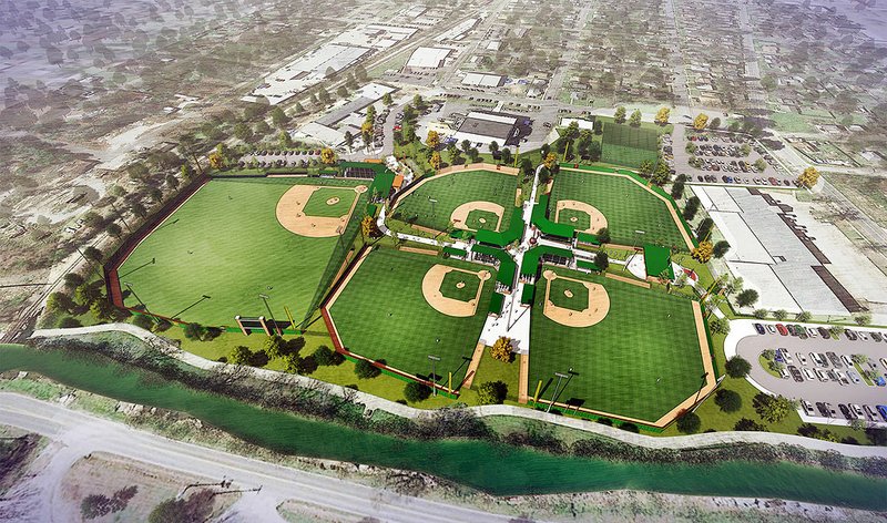 An artist's rendering shows the proposed layout for the Majestic Park baseball complex. In the foreground is Hot Springs Creek and the Hot Springs Greenway Trail. Rendering is courtesy of Visit Hot Springs. - Submitted photo