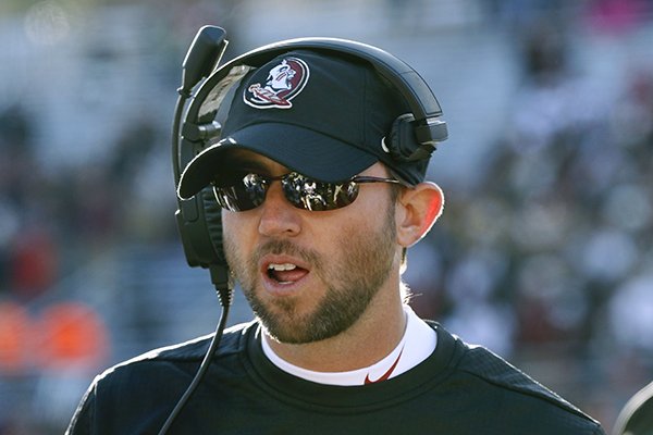 Florida State offensive coordinator Kendal Briles works on the sideline in the second half of an NCAA college football game against Boston College, Saturday, Nov. 9, 2019, in Boston. (AP Photo/Bill Sikes)